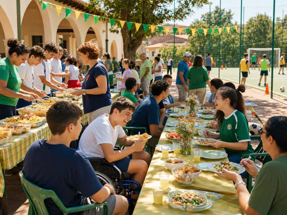 Pranzo comunitario all'aperto dopo una giornata di calcio a 5 inclusivo